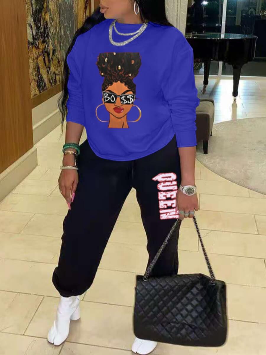 

Lovely Street Portrait Letter Print Deep Blue Two Piece Pants Set