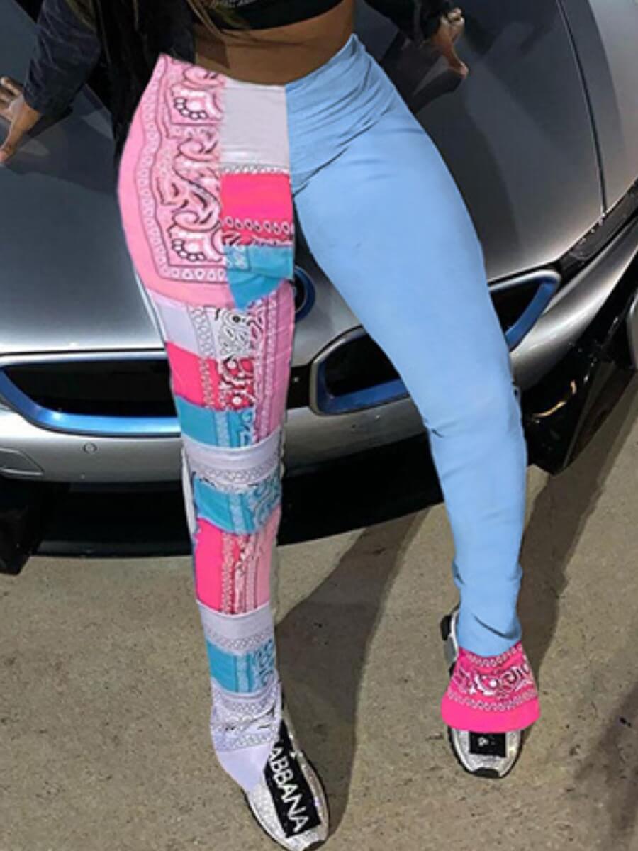 

Lovely Street Print Patchwork Side Slit Blue Pants