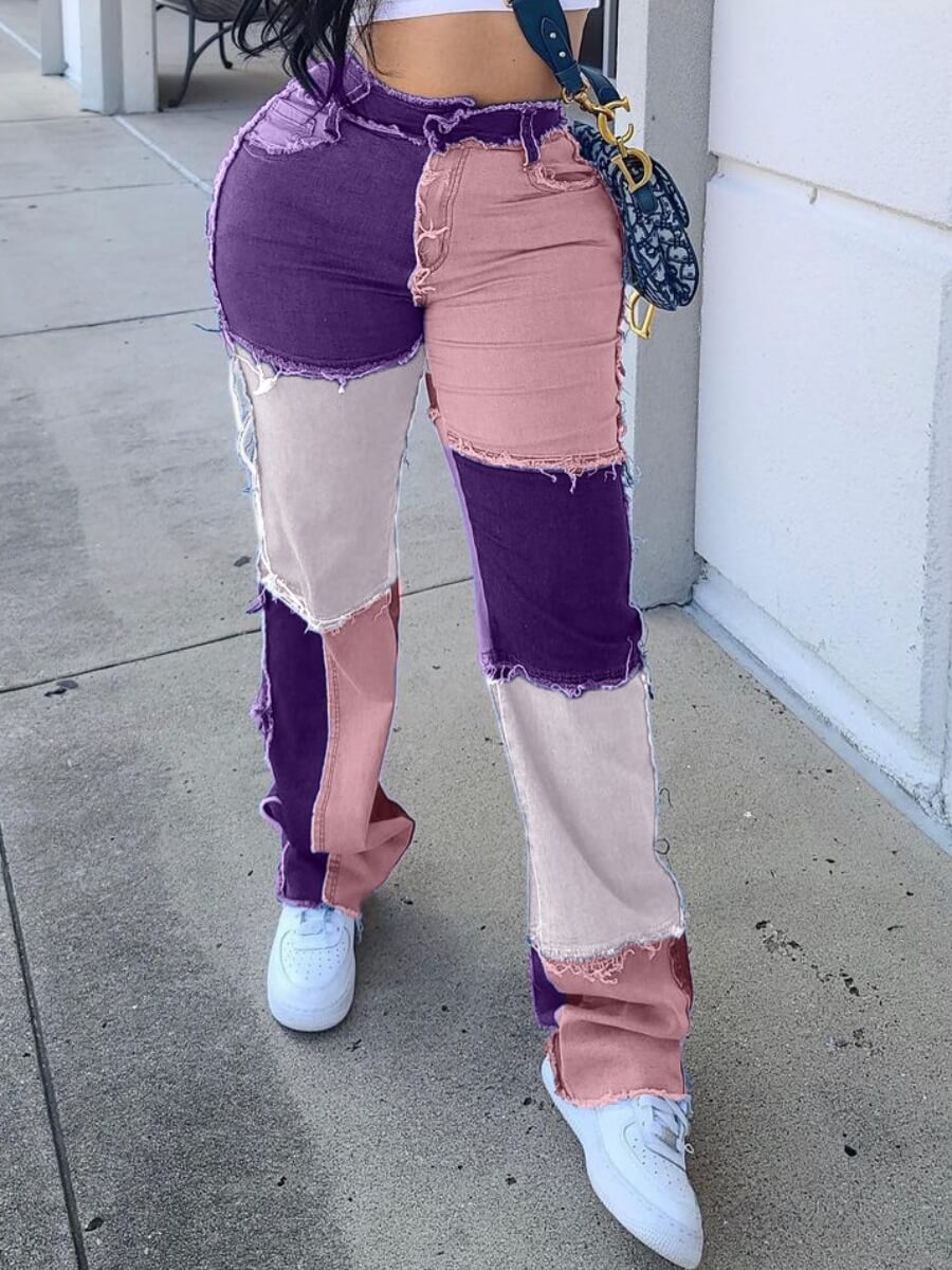 

Lovely Street Color-lump Patchwork Pink Jeans