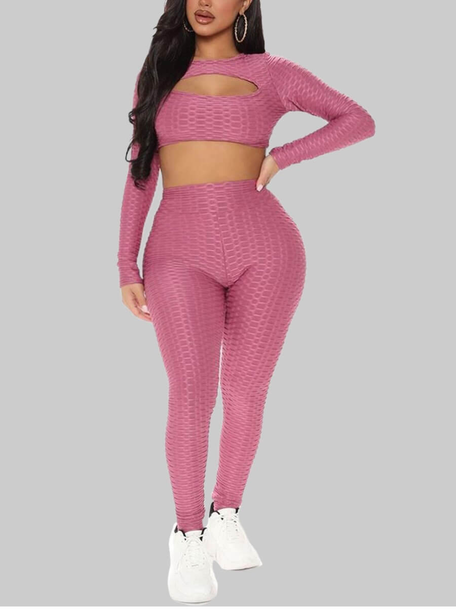 

Lovely Sportswear Hollow-out Crop Top Rose Red Plus Size Two-piece Pants Set