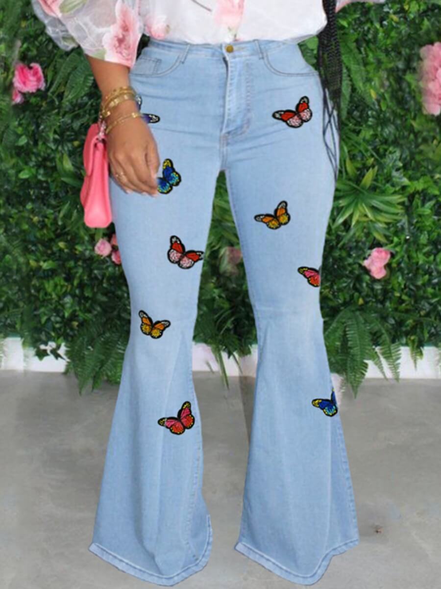 

Lovely Stylish High-waisted Butterfly Decoration Baby Blue Plus Size Jeans