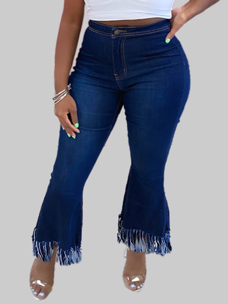 

Lovely Street High-waisted Tassel Design Deep Blue Plus Size Jeans