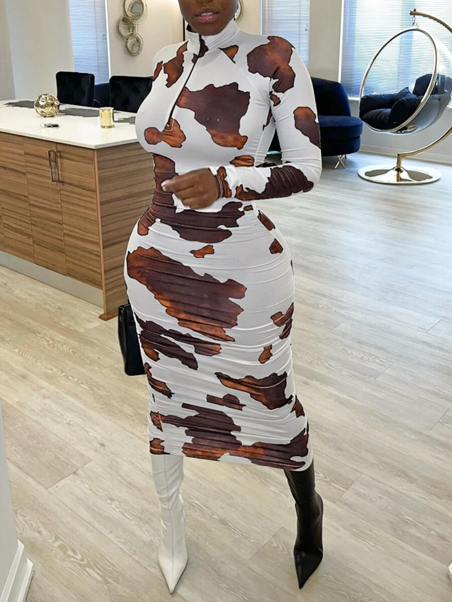 

LW Mandarin Collar Tie-dye Dress, Coffee