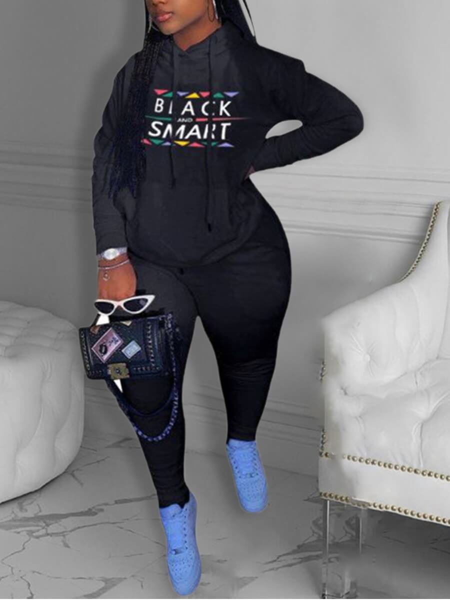 

Lovely Street Letter Print Patchwork Black Plus Size Two-piece Pants Set