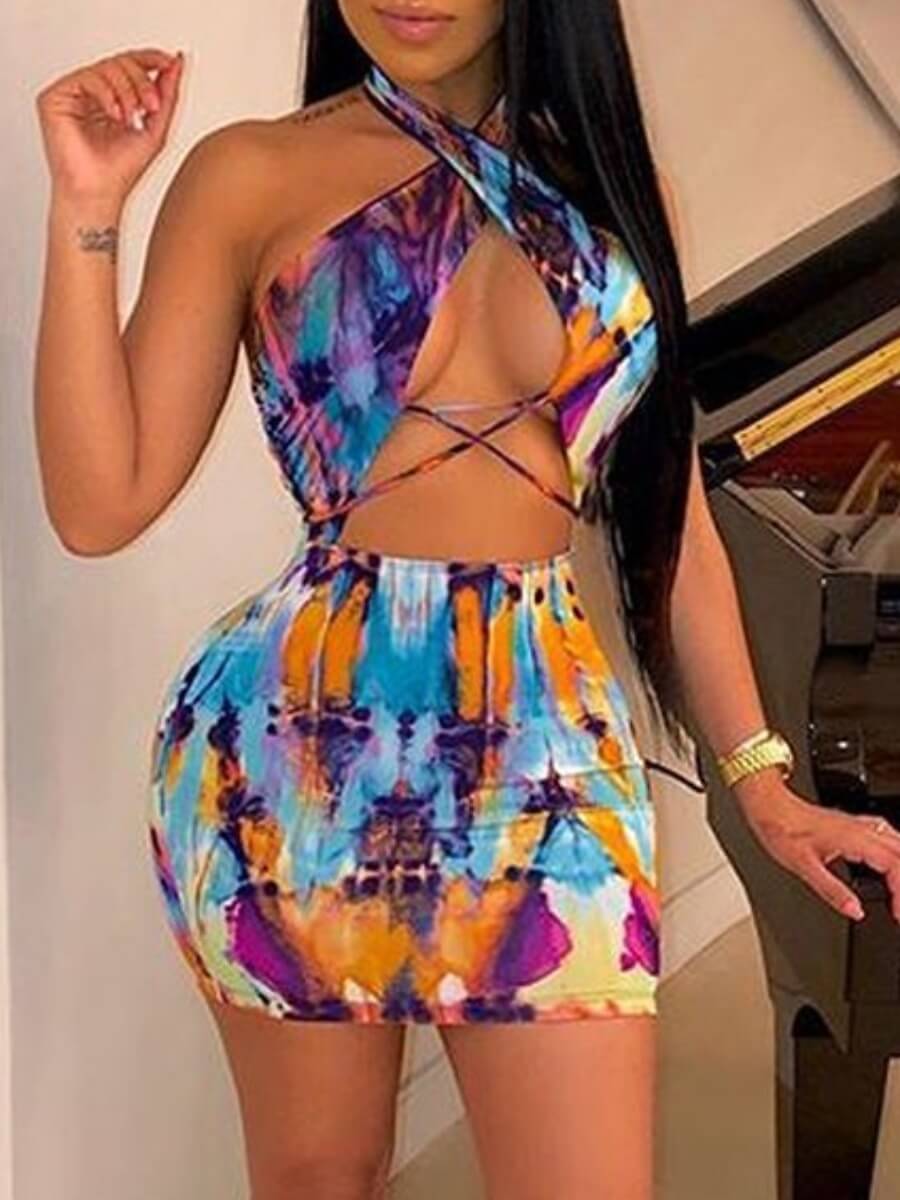 

LW SXY Backless Bandage Hollow-out Design Multicolor Mini Dress, Multi
