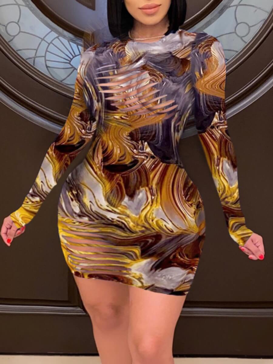 

Lovely Sweet Print Hollow-out Yellow Plus Size Mini Dress