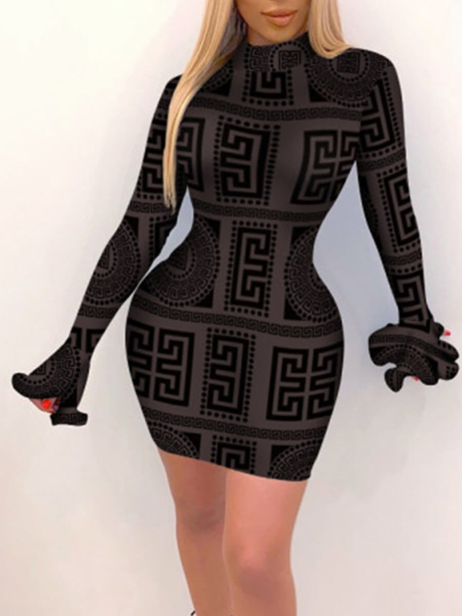 

Lovely Sexy Flared Geometric Print Hollow-out Black Mini Dress