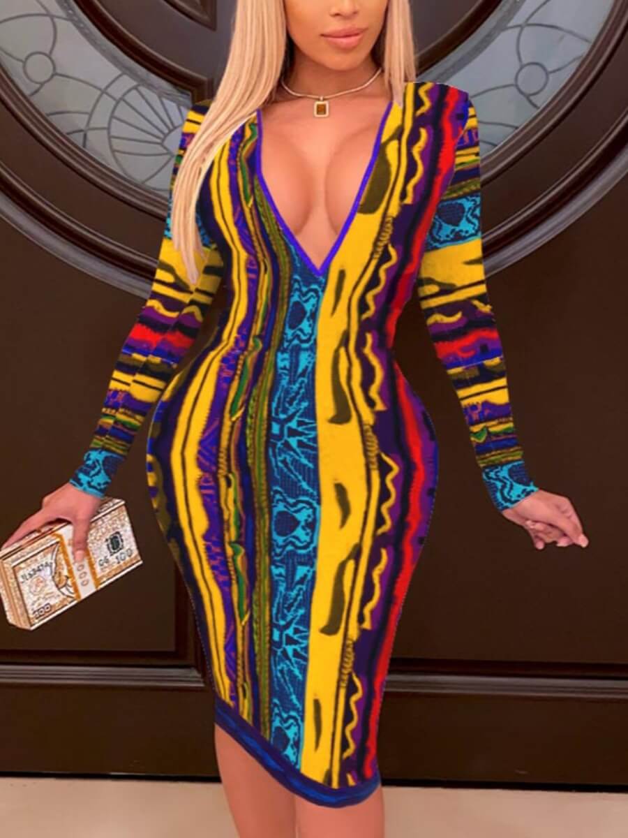 

Lovely Casual V Neck Print Patchwork Yellow Knee Length Dress