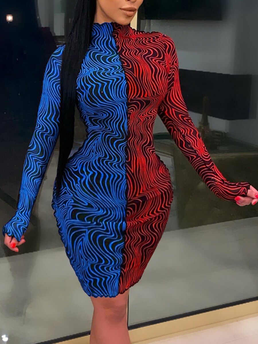 

Lovely Chic O Neck Print Patchwork Blue Knee Length Dress