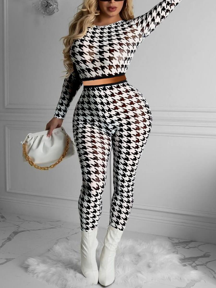 

Lovely Casual Plaid Print Patchwork Hound Stooth Two Piece Pants Set