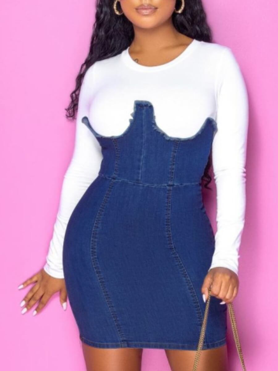 

Lovely Chic O Neck Patchwork White Mini Denim Dress