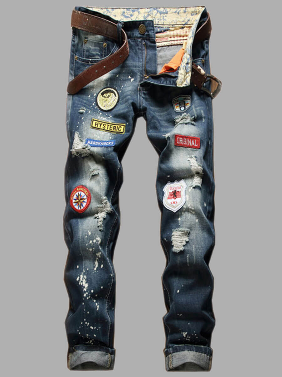 

Lovely Men Street Letter Print Color-lump Patchwork Blue Jeans