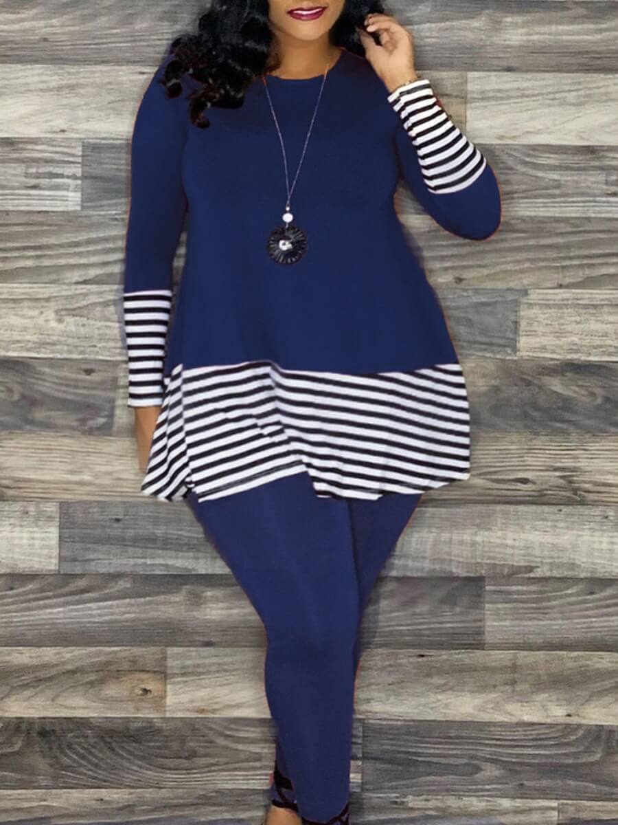 

Lovely Casual O Neck Striped Patchwork Deep Blue Plus Size Two-piece Pants Set