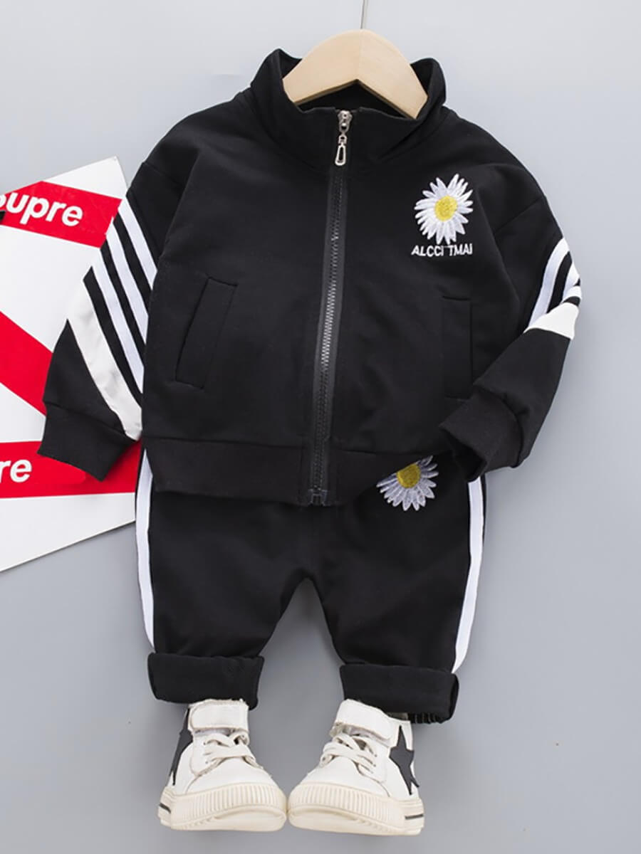 

Lovely Sportswear Sunflower Print Striped Black Boy Two Piece Pants Set