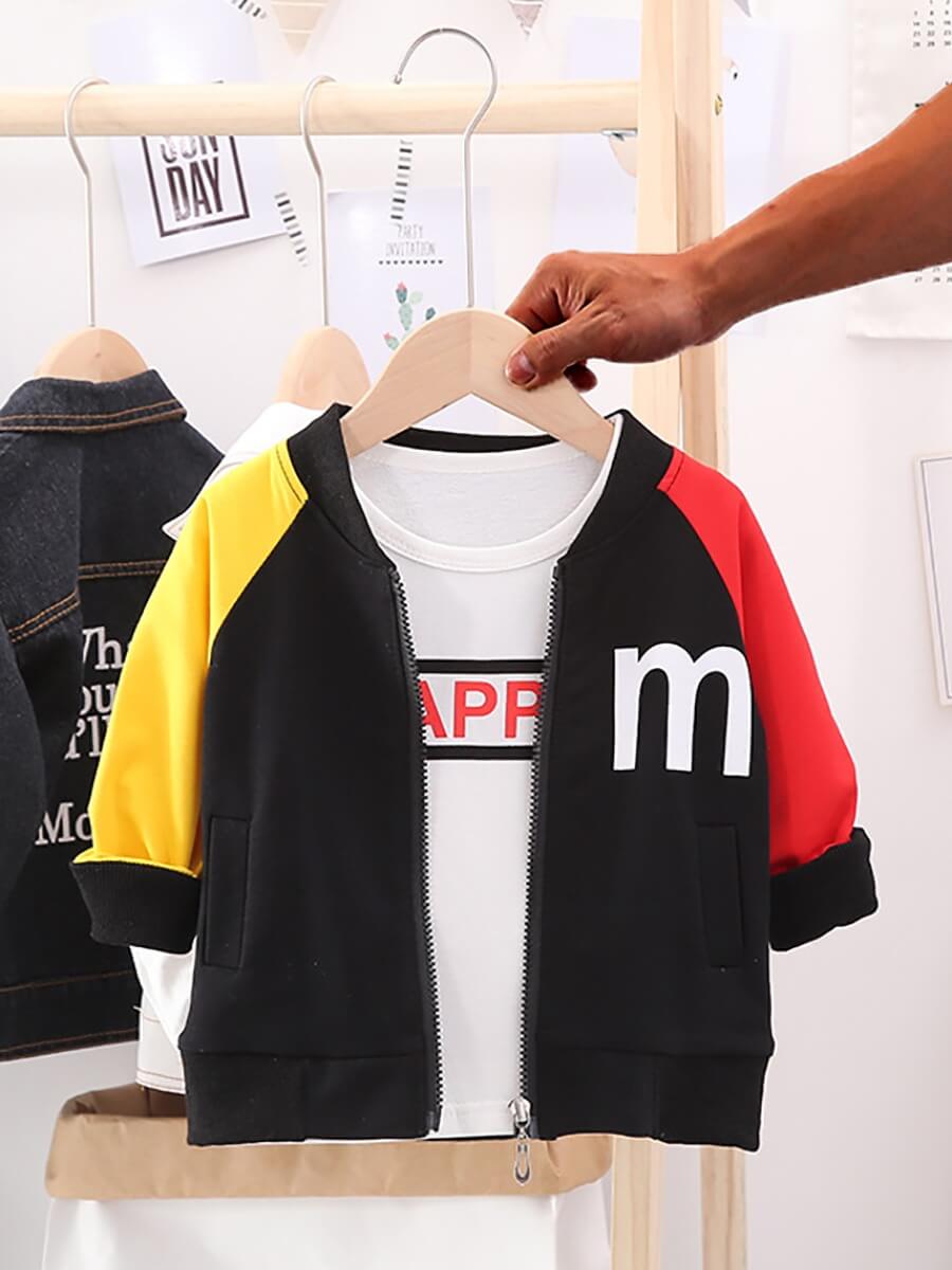 

Lovely Street Letter Print Color-lump Patchwork Black Boy Coat