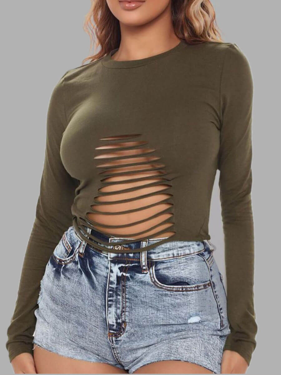 

LW Sexy O Neck Hollow-out Black Green T-shirt