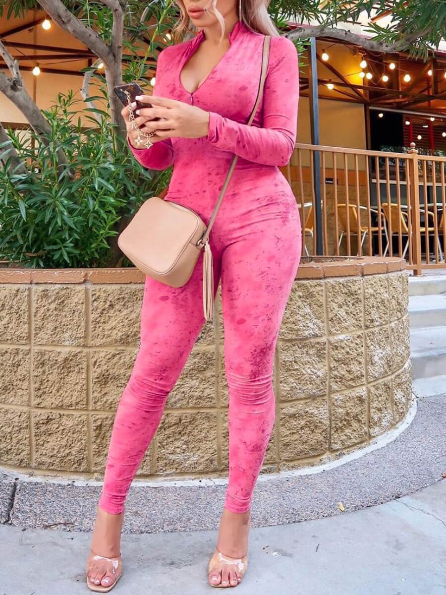 

Lovely Casual Mandarin Collar Print Patchwork Rose Red One-piece Jumpsuit