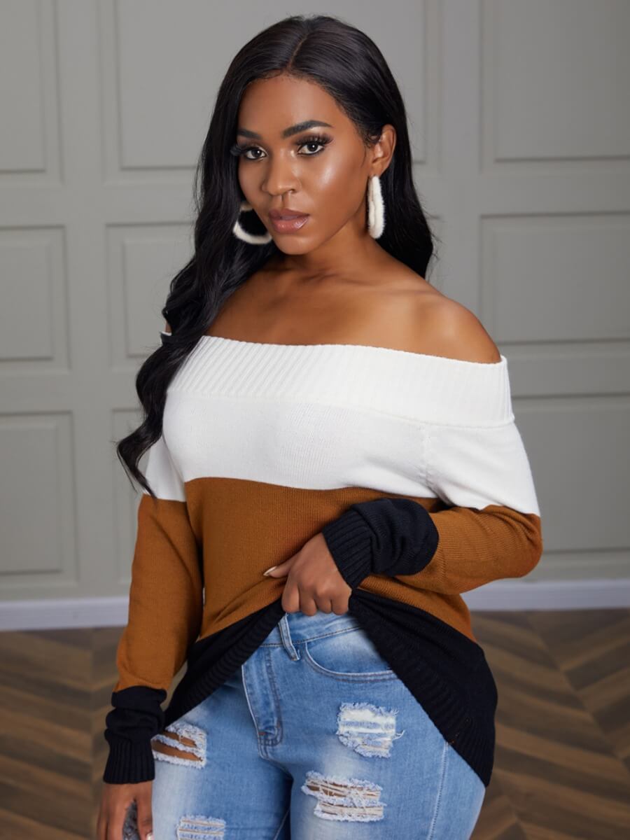 

Lovely Sweet Off The Shoulder Striped Patchwork Multicolor Sweater, Multi