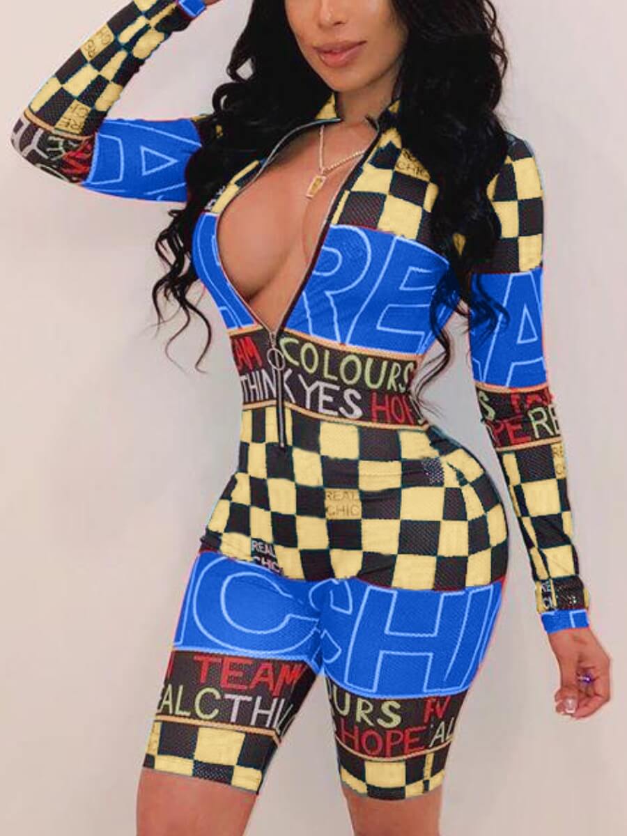 

Lovely Sportswear Plaid Print Zipper Design Yellow One-piece Romper