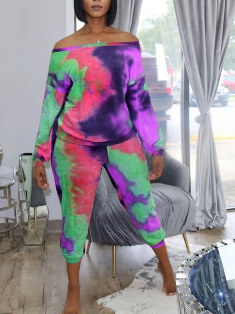 

Lovely Casual Tie-dye Patchwork Green Plus Size Two-piece Pants Set