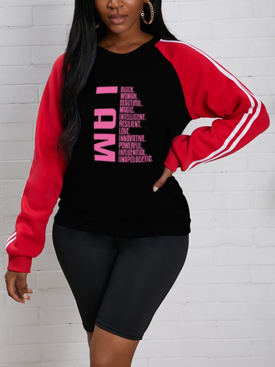 

Lovely Casual O Neck Letter Print Patchwork Black Hoodie