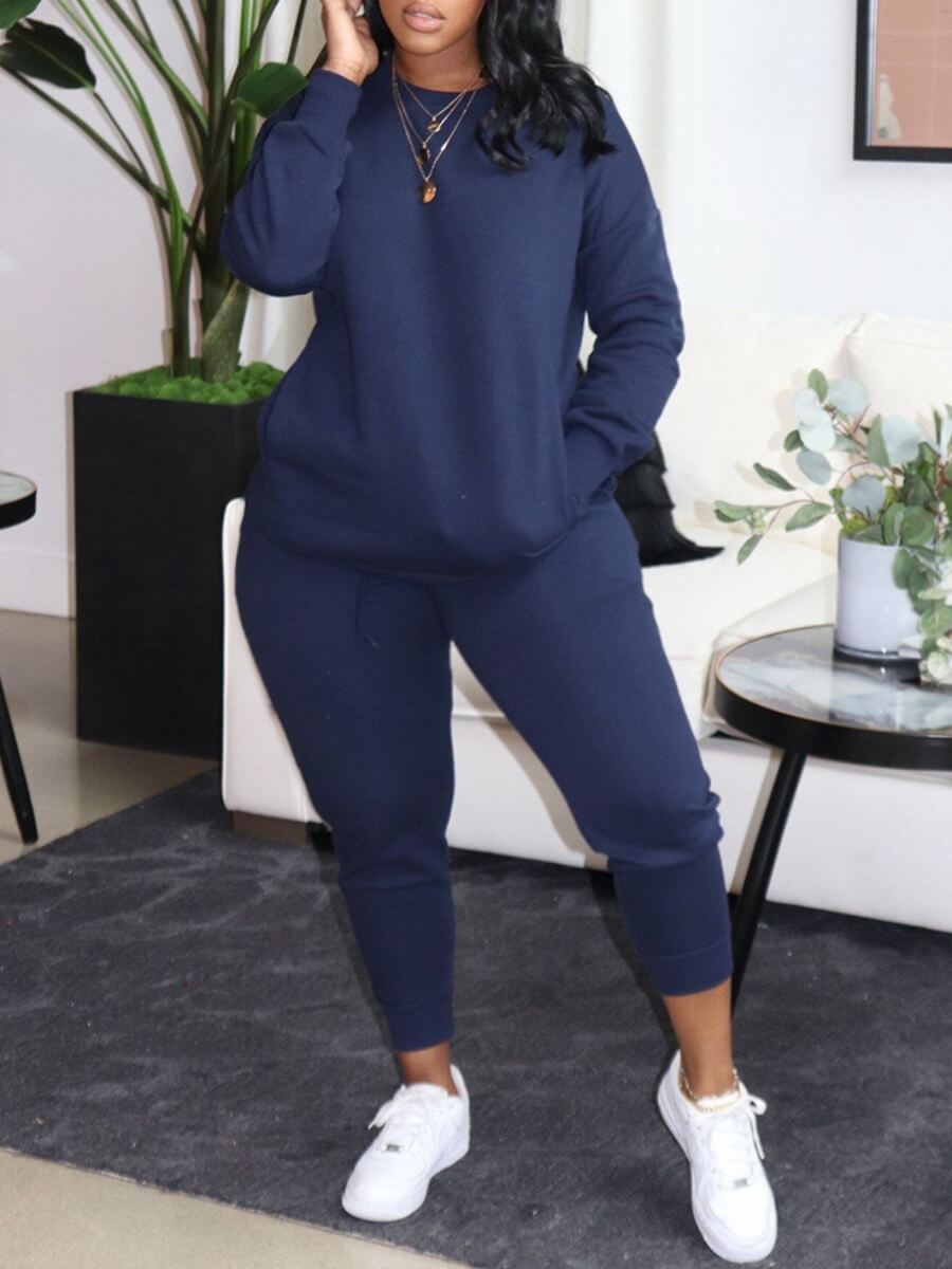 

Lovely Casual O Neck Kangaroo Pocket Dark Blue Plus Size Two-piece Pants Set