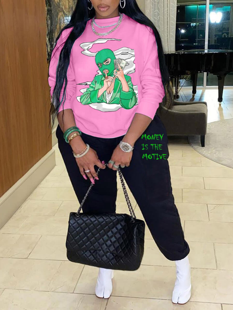 

Lovely Street Masked Face Letter Print Pink Plus Size Two-piece Pants Set