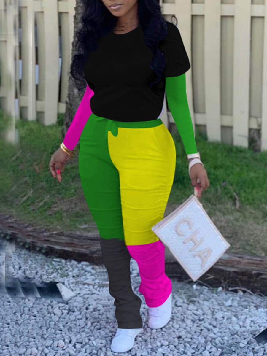 

Lovely Casual O Neck Color-lump Patchwork Green Plus Size Two-piece Pants Set