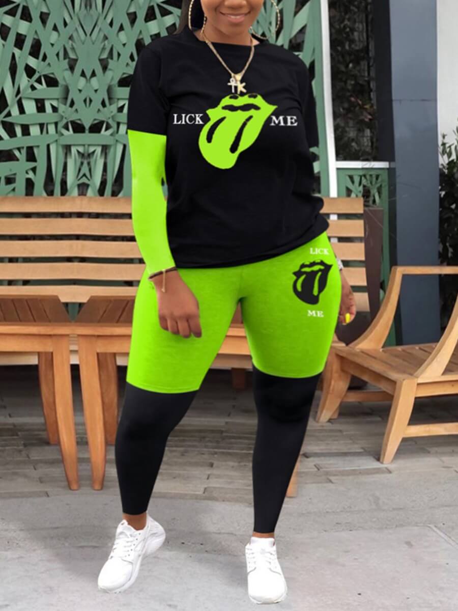 

Lovely Sportswear Letter Print Patchwork Green Plus Size Two-piece Pants Set
