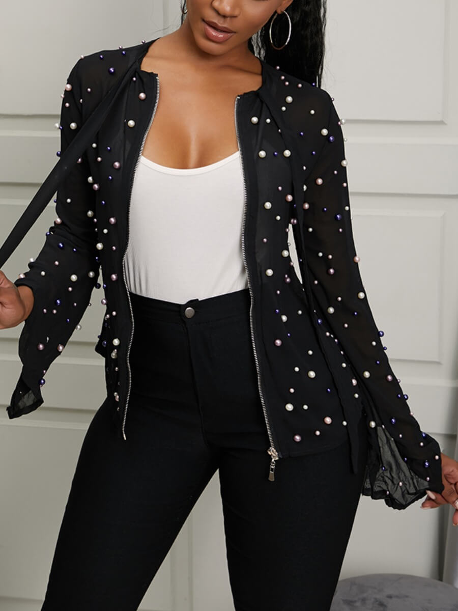 

Lovely Casual Pearl Decoration Zipper Design Black Coat