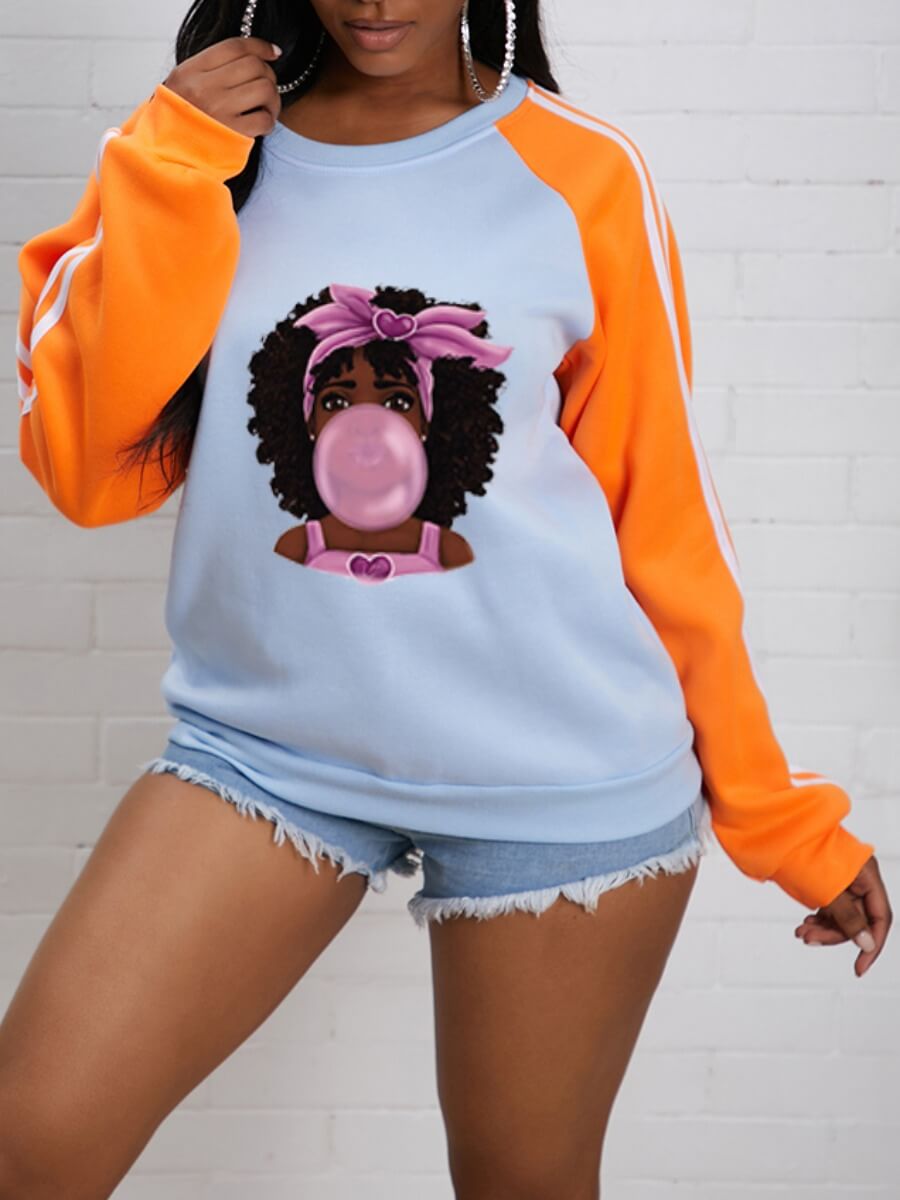 

Lovely Sweet Masked Face Print Striped Patchwork Grey Hoodie