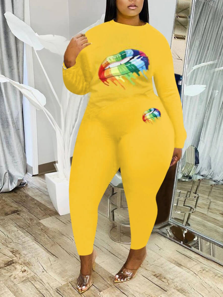 

Lovely Sweet O Neck Lip Print Yellow Plus Size Two-piece Pants Set