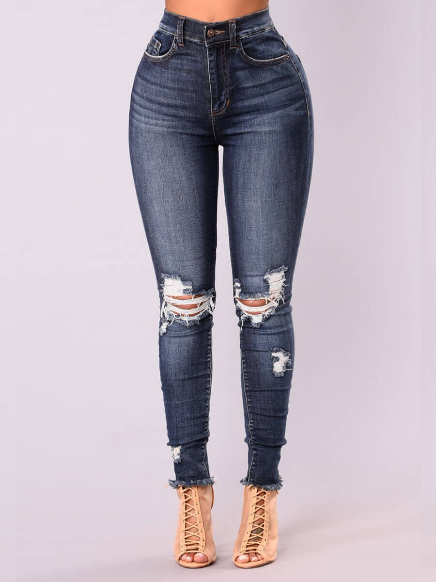 

Lovely Street Broken Holes Raw Edge Deep Blue Jeans