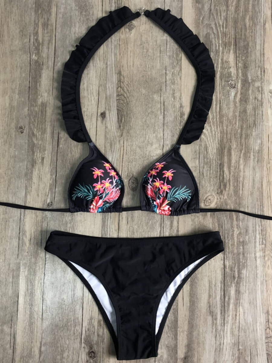 

Lovely Sexy Floral Print Patchwork Black Two-piece Swimsuit