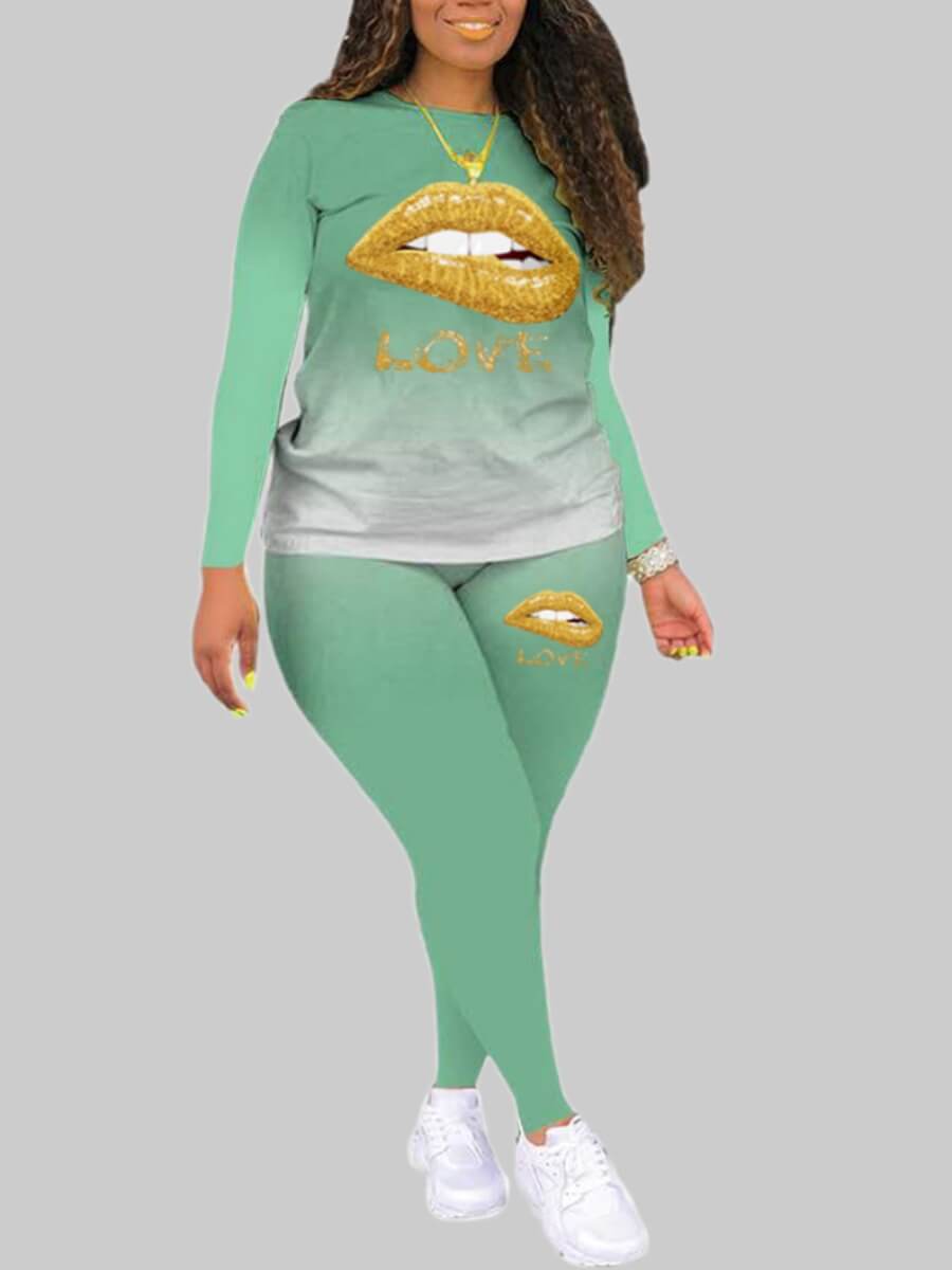 

Lovely Casual Lip Print Light Green Plus Size Two-piece Pants Set