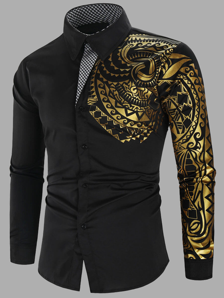 

Lovely Formal Geometric Print Patchwork Black Men Shirt