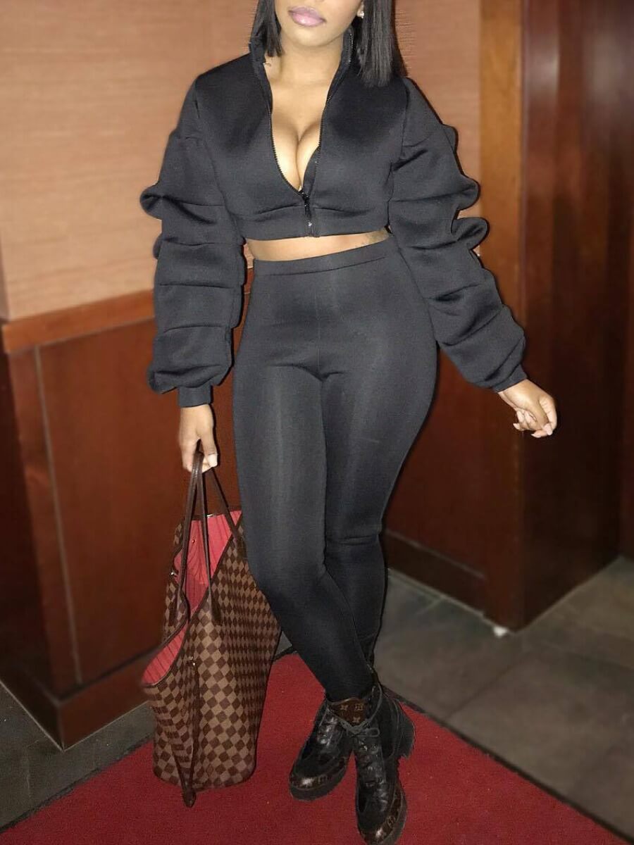 

Lovely Street Zipper Fold Design Black Two Piece Pants Set