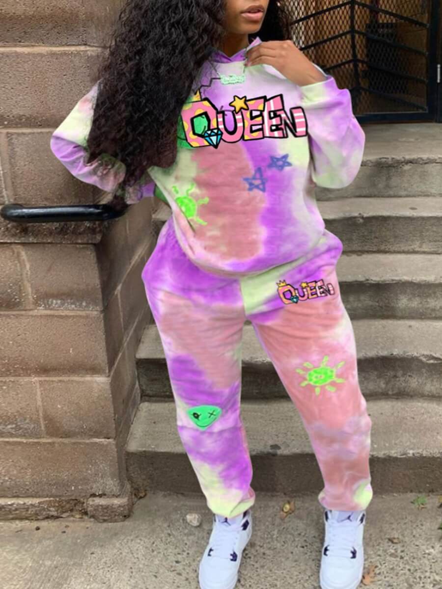 

Lovely Casual Hooded Collar Tie Dye Gradient Purple Two Piece Pants Set