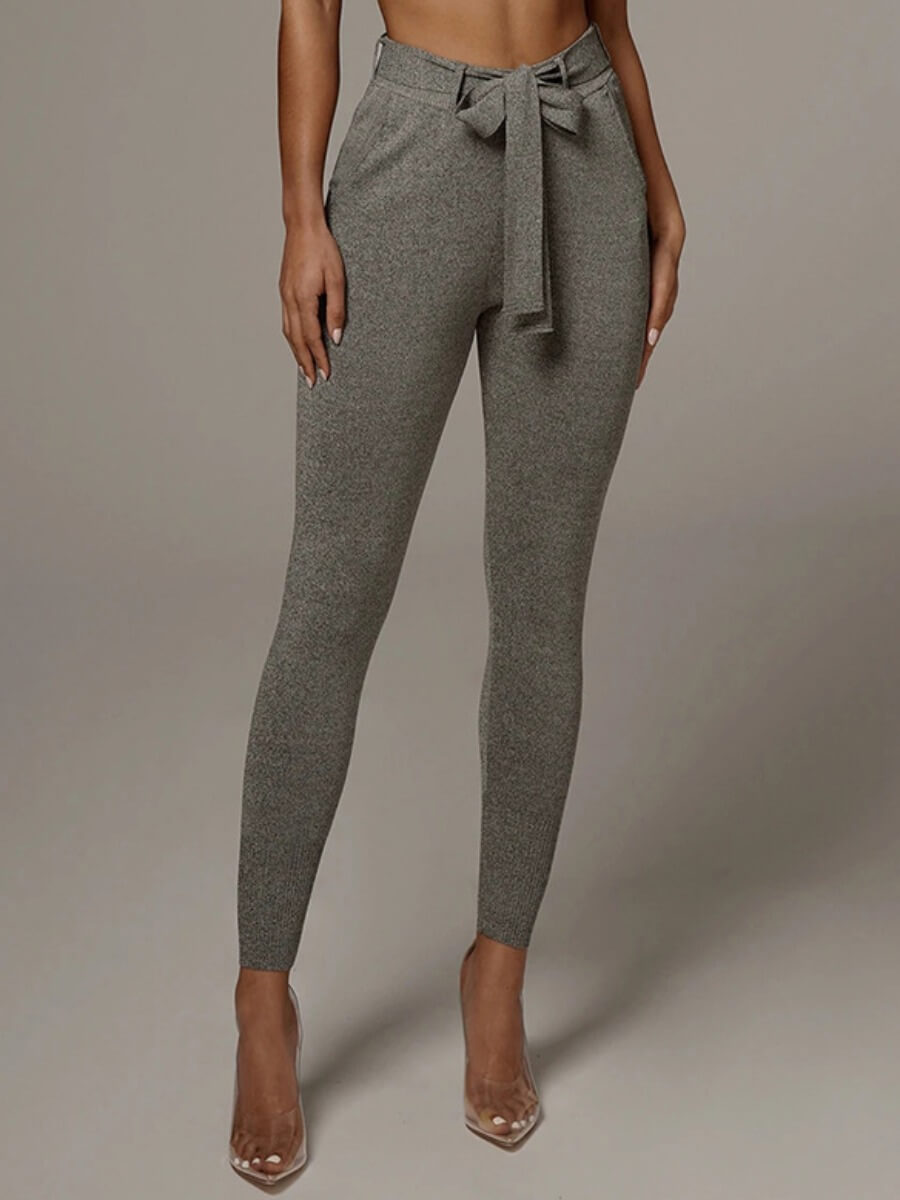 

Lovely Casual Mid Waist Lace-up Grey Pants