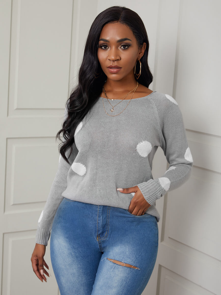 

Lovely Chic O Neck Dot Print Grey Sweater