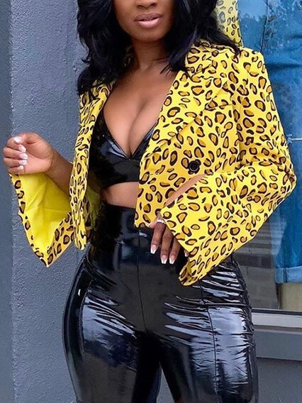 

Lovely Formal Leopard Print Patchwork Yellow Blazer