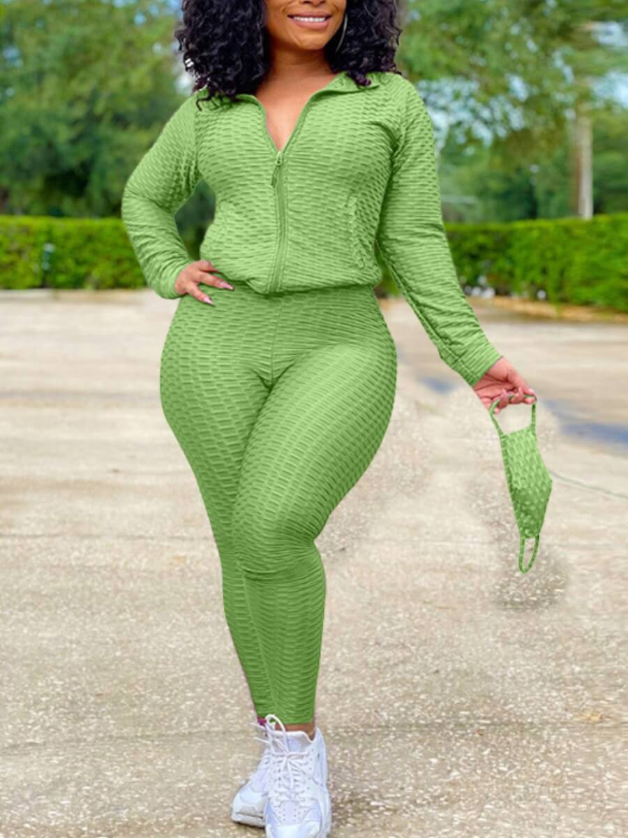 

Lovely Sportswear Turndown Collar Zipper Design Green Two Piece Pants Set(Without Mask