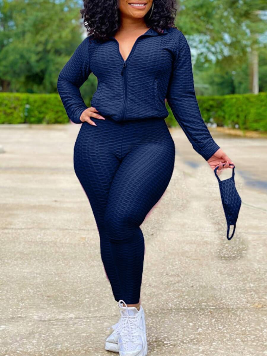 LW Sportswear Turndown Collar Zipper Design Dark Blue Two Piece Pants Set(Without Mask)