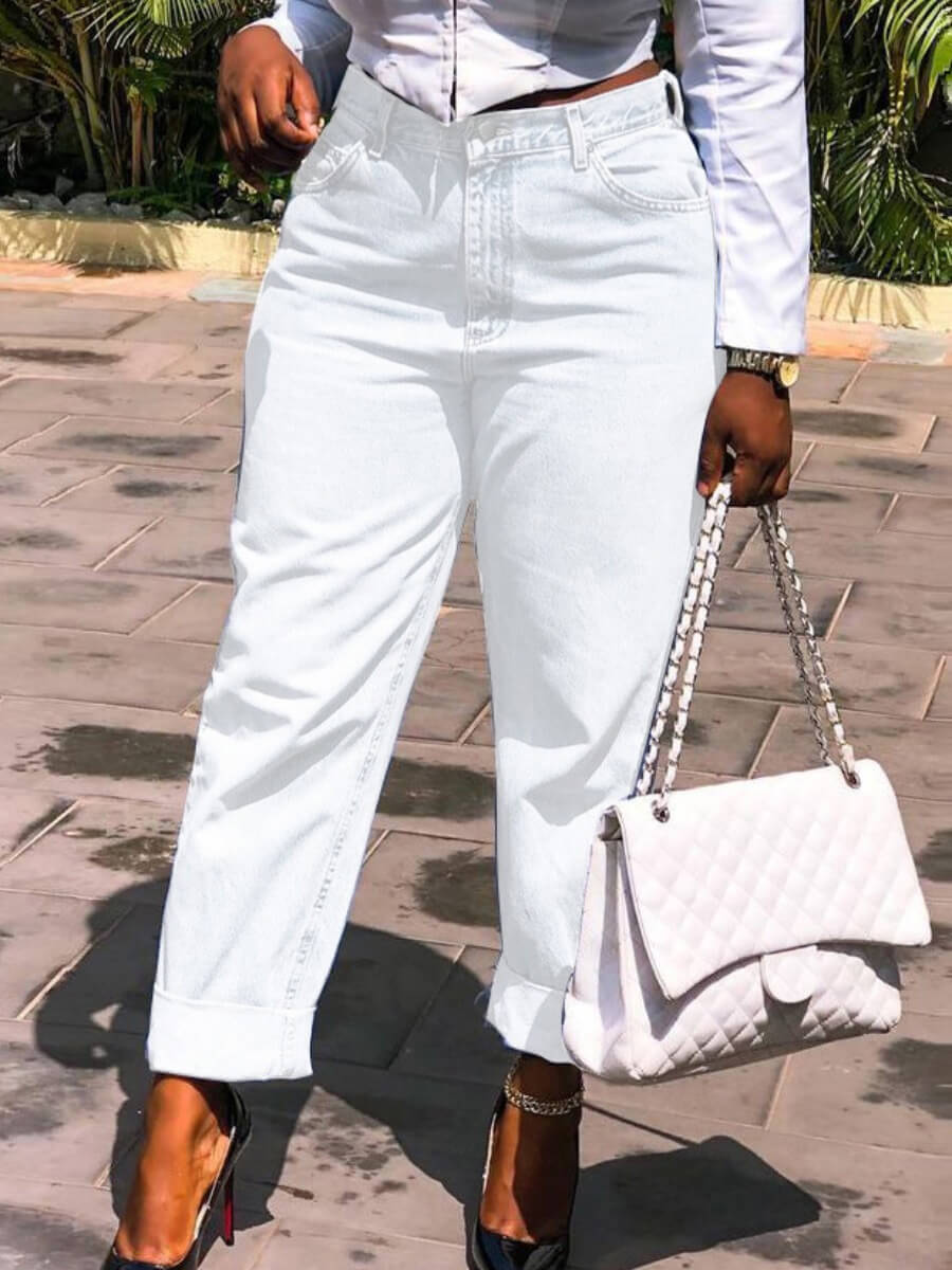

Lovely Casual High-waisted Pocket Design White Jeans