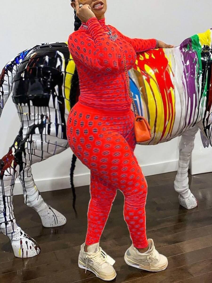 

Lovely Party Turtleneck Mesh Patchwork Red Plus Size Two-piece Pants Set