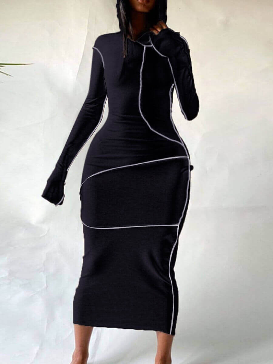 

Lovely Casual Hooded Collar Basic Skinny Black Mid Calf Dress