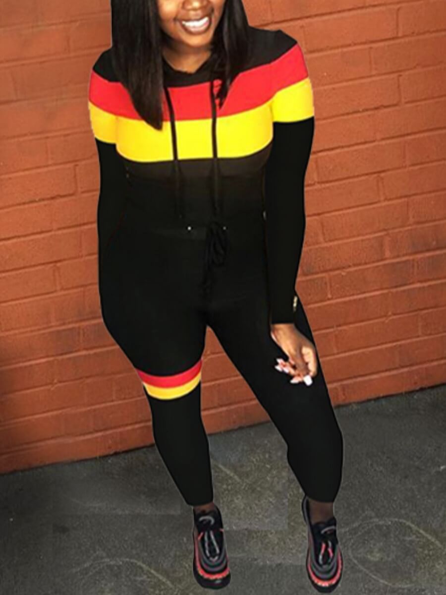 

Lovely Sportswear Striped Patchwork Black Two Piece Pants Set
