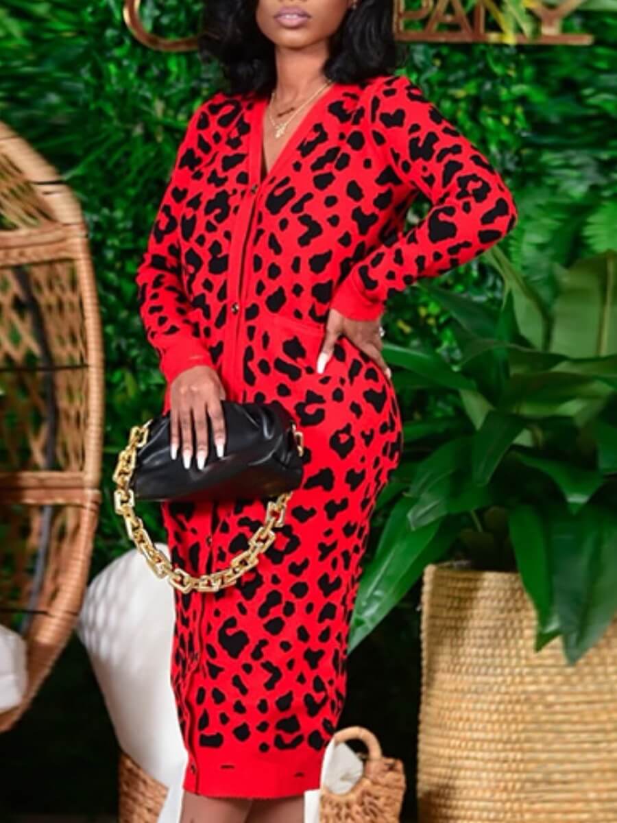 

Lovely Casual Leopard Print Button Design Red Plus Size Coat