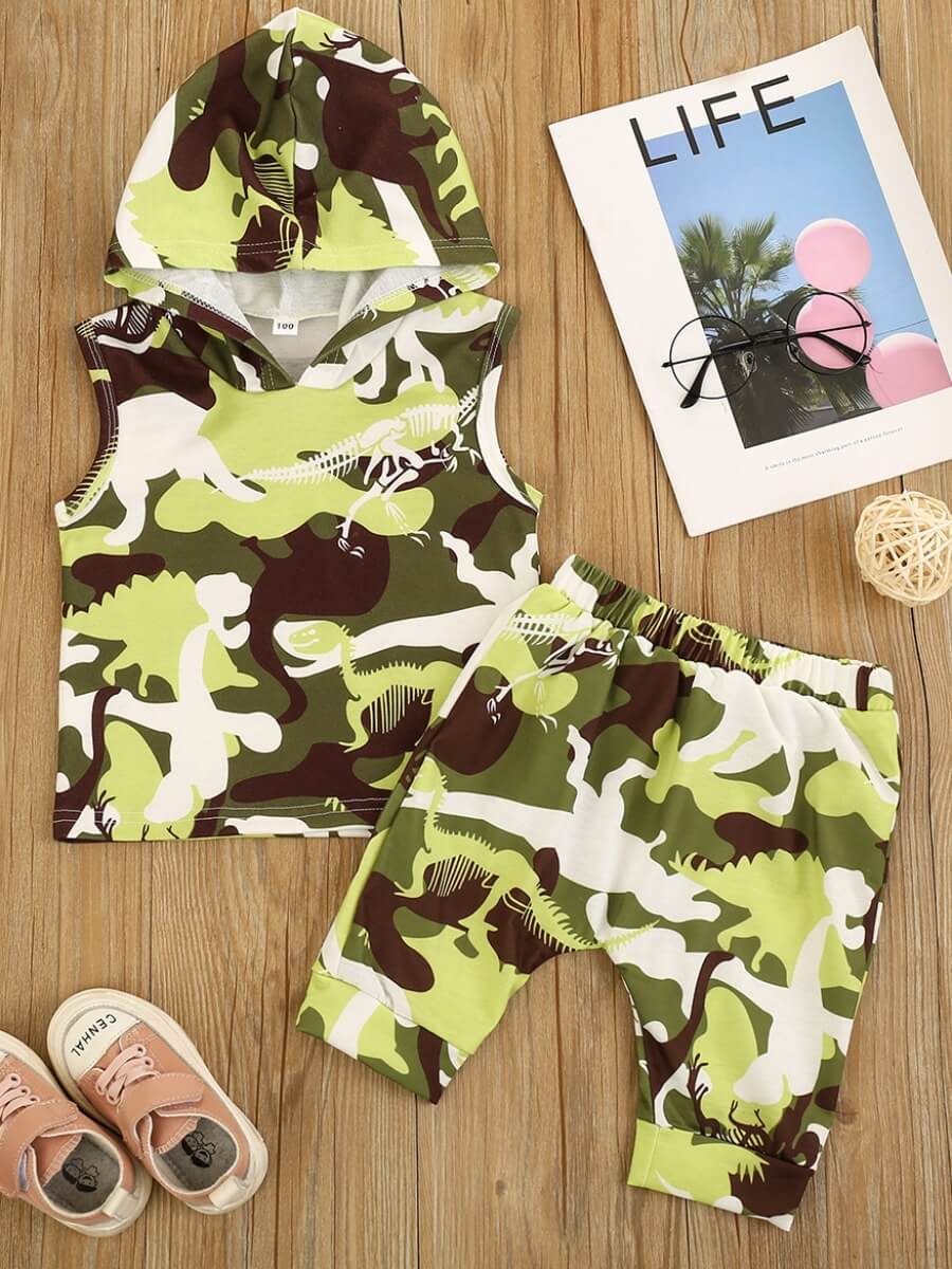 

Lovely Boy Street Side Pocket Patchwork Blue Two Piece Pants Set, Green