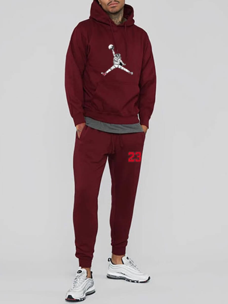 

Lovely Street Hooded Collar Letter Print Wine Red Men Two Piece Pants Set